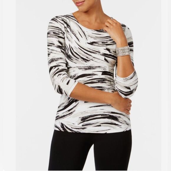 JM Collection black gray & white abstract print jacquard top size petite medium - Picture 1 of 7